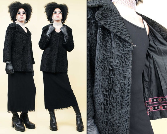 30s 40s Vtg Black Persian Curly Lamb Fur Jacket S… - image 1