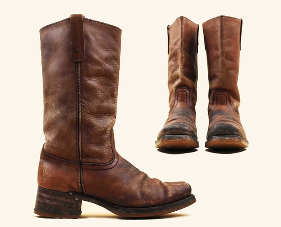 60s 70s Vtg Distressed Brown Leather Biker Motorcycle Boot Pull on Cowboy Sqaure Toe Stacked Platform Wood Heel Men s US 9.5 EE EU 43.5 Etsy Canada