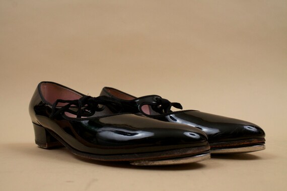 60s 70s Vtg Tele Tone CAPEZIO Black Patent Leather Tap Dance Mary Jane Shoes Low Platform Chunky Heel Dolly Mod 10 Wide EU 41 42 Vintage Tap Shoes Capezio Cherry Red Heels size 6 12 6.5