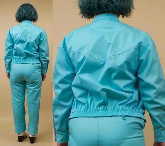 70s 80s Vtg Wrangler Aqua Blue 2 pc Jacket & Pant… - image 6