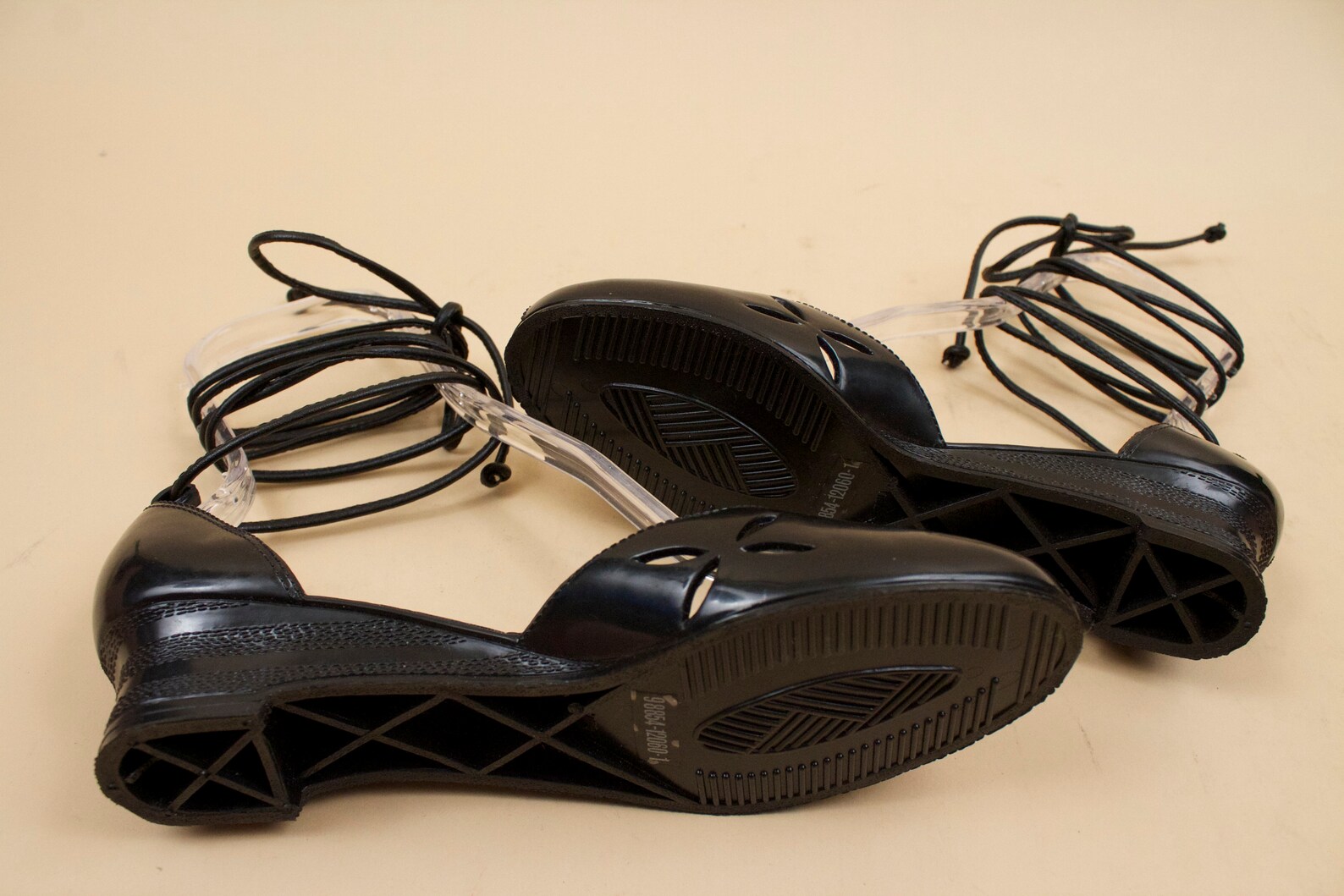 80s does 50s vtg rare deadstock qualicraft jet black jelly lace up ballet slipper sandal / cut out wedge comfy flat shoe 7 6.5 e