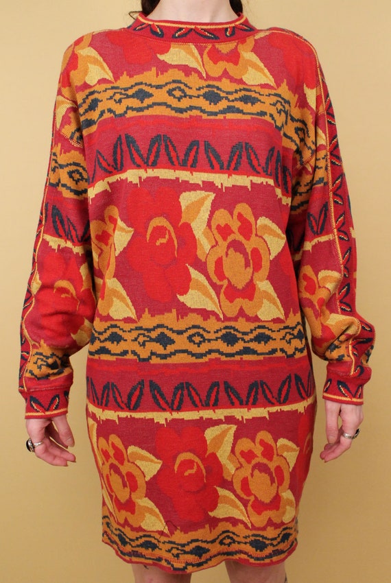 80s Vtg Floral 100% Cotton Sweater Mini Dress Lon… - image 9