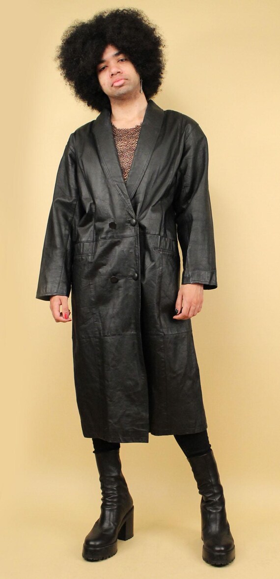 80s Vtg Black Leather Long Jacket Trench Coat Duster Length Goth