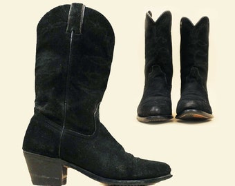 70s Vtg Black Suede Leather Pull On Mic Calf Cowboy Boot Western Punk Metal Men's US 8.5 EU 42 Women's 10.5