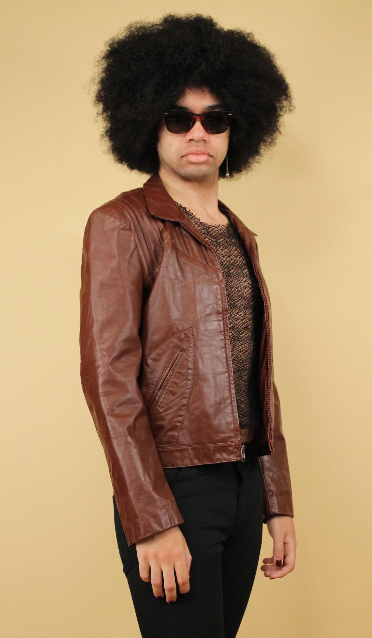 70s Vtg Brown Leather Zip up Collared Jacket Straight Cut Coat