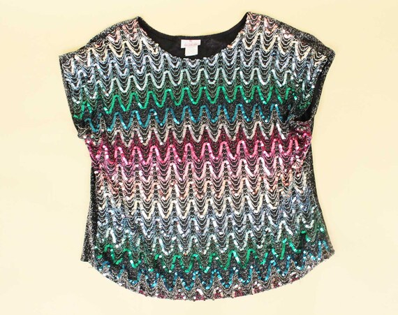 70s 80s Vtg Sequin & Lurex Rainbow Blouse Top Shi… - image 4