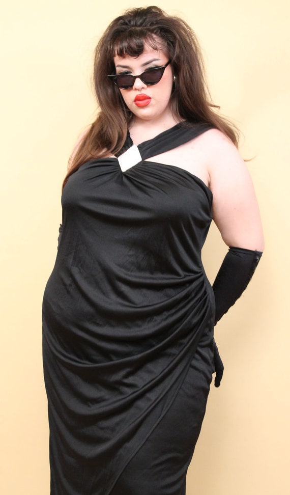 80s Vtg Black Pearl Detail Evening Gown Sleeveles… - image 3