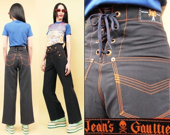 90s Vtg JPG Gaultier Jeans Sailor Snap Button Corset Back Wide Leg Pants Women&#39;s tag 36 Xs