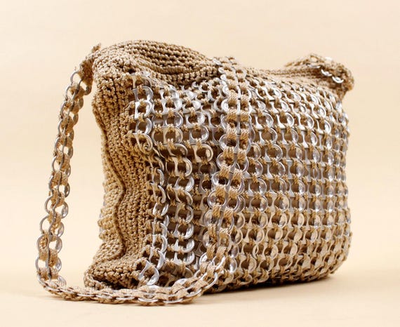 60s 70s Vtg Crochet Silver Bottle Cap Chainmaille Folk Art Purse