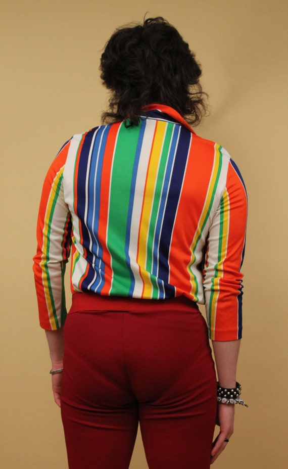70s Vtg Primary Colors Vertical Striped Button Up… - image 5