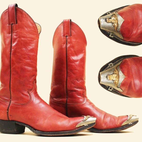 70s Vtg Red Leather Pointy Metal Toe Tip Silver Bull Western Cowboy Boot Men's US 7.5 Women's 9.5 EU 40