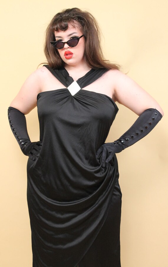 80s Vtg Black Pearl Detail Evening Gown Sleeveles… - image 7