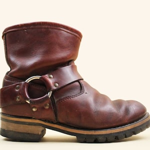 70s Vtg Brown Leather Harness O Ring Boots Biker Motorcycle Moto Pull On Ankle Men&#39;s US 9 Women&#39;s 11 EU 43