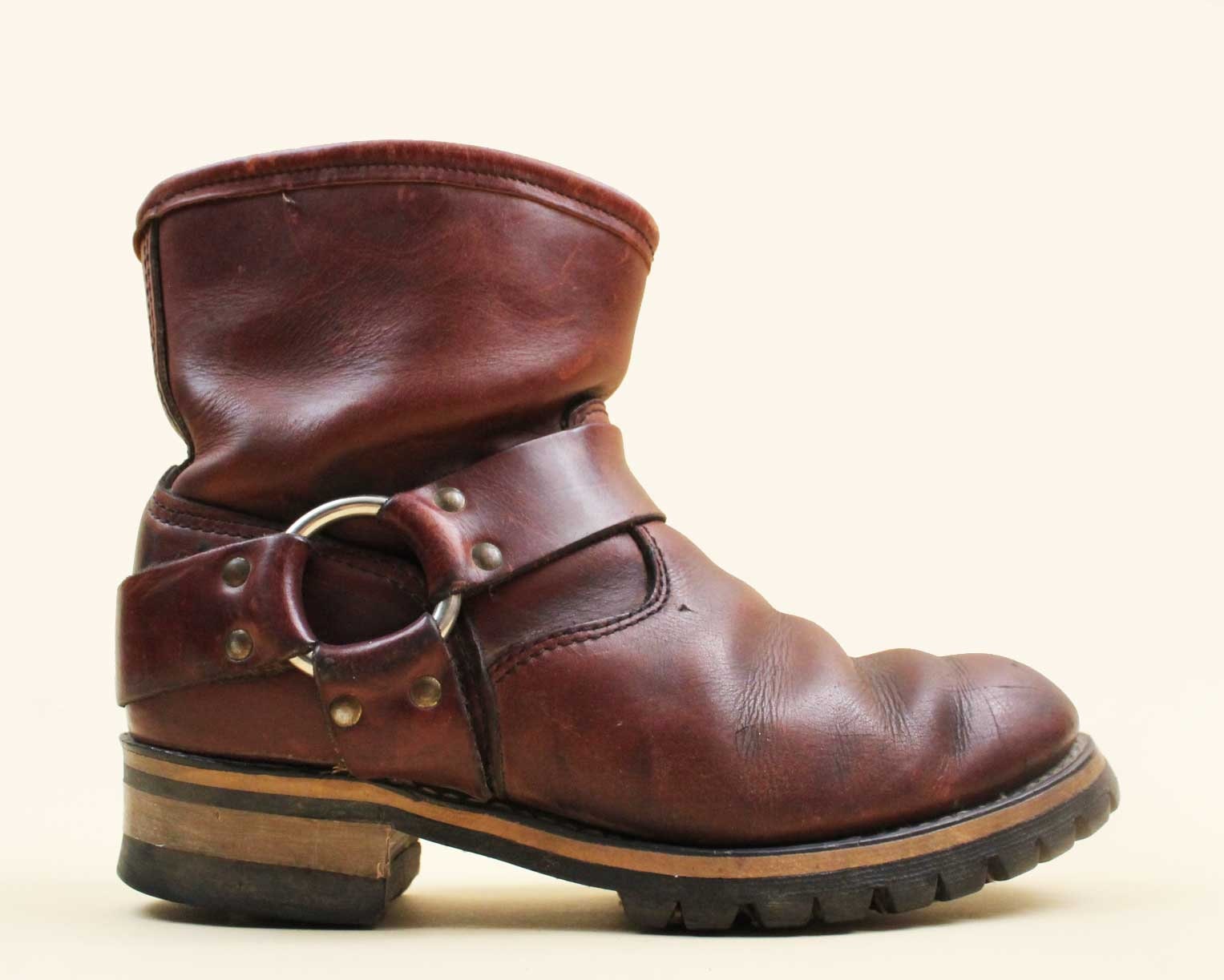 70s Vtg Brown Leather Harness O Ring Boots Biker Motorcycle 