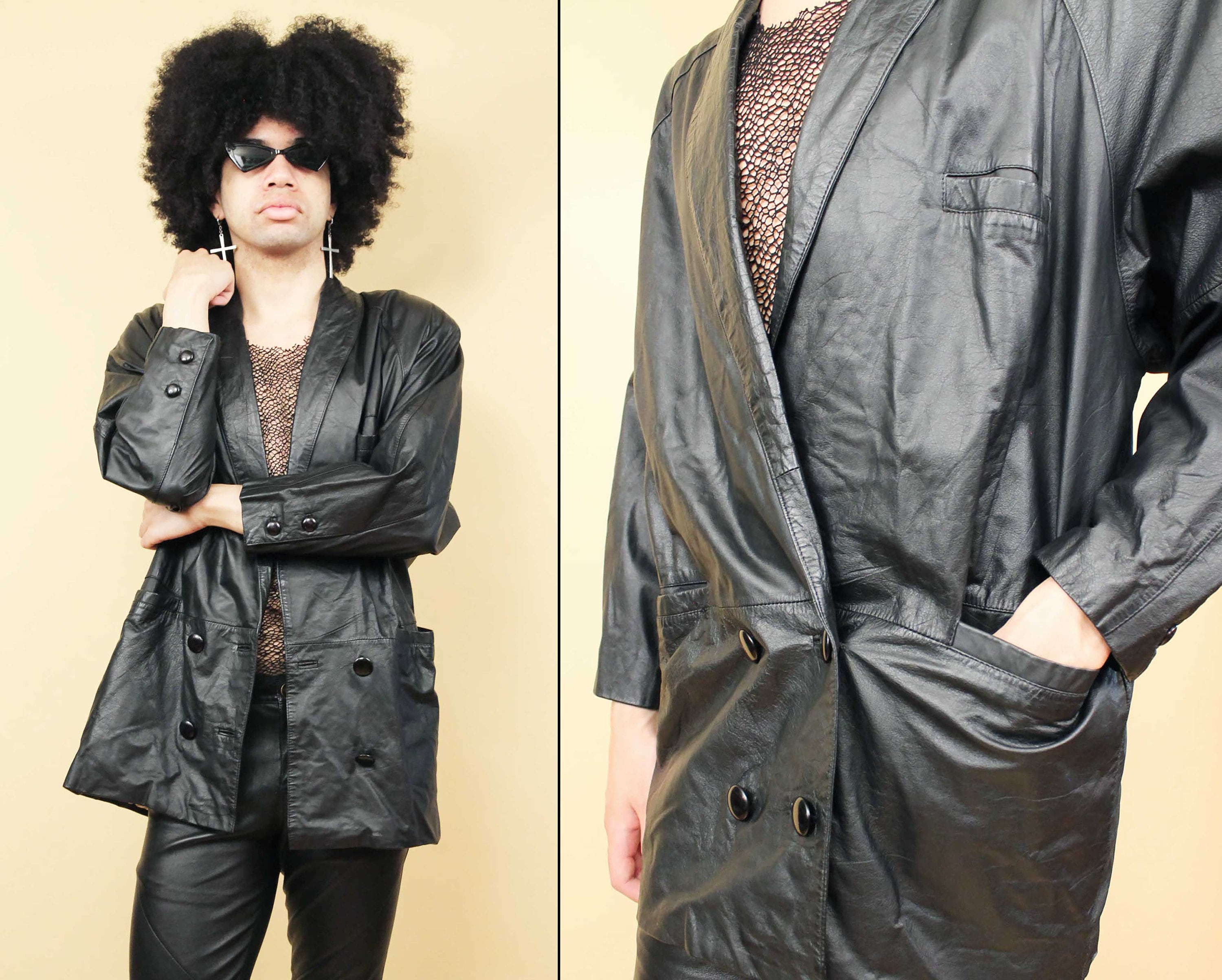 80s Vtg Black Leather Blazer Jacket Button Front Closure New Wave