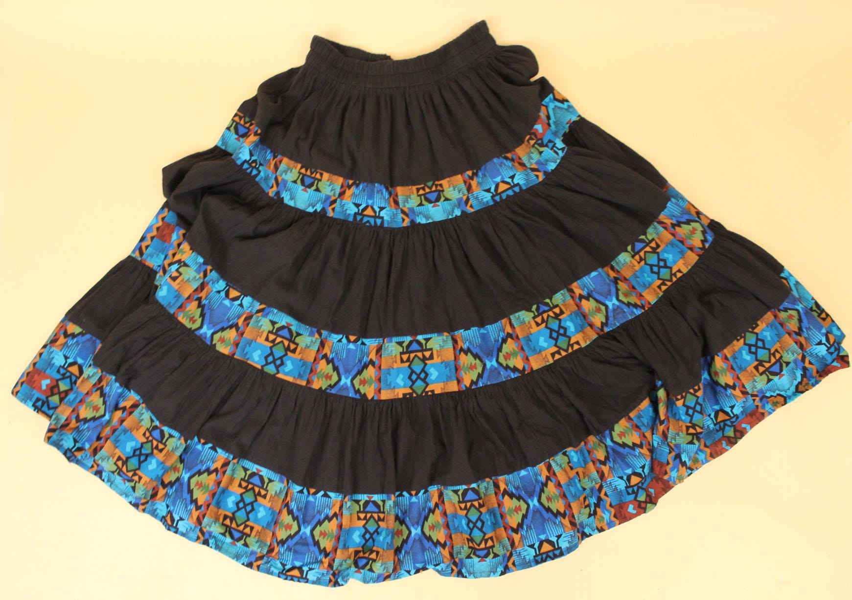 90s Does 70s Vtg 100% Cotton Southwestern Print Black Blue 90s Does 70s Vtg 100% Cotton Southwestern Print Black Blue