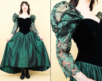 80s Vtg Loralie Original Forest Green Taffeta & Black Velvet Bodice Dress Sculptural Puff Lace Sleeve Holiday Party Christmas Small tag 12