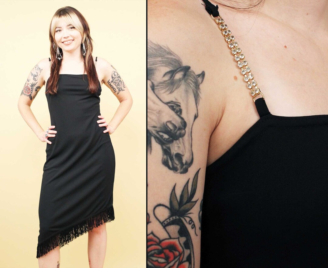 90s Y2K 00s Vtg Black Fringe Rhinestone Strap Sleeveless