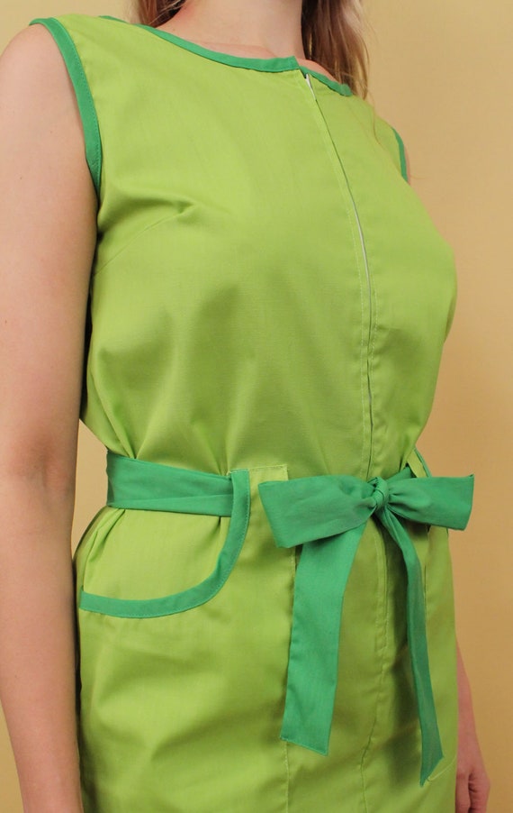 60s Vtg Green 2 Tone Mini Dress Shift Sheath Zip … - image 8