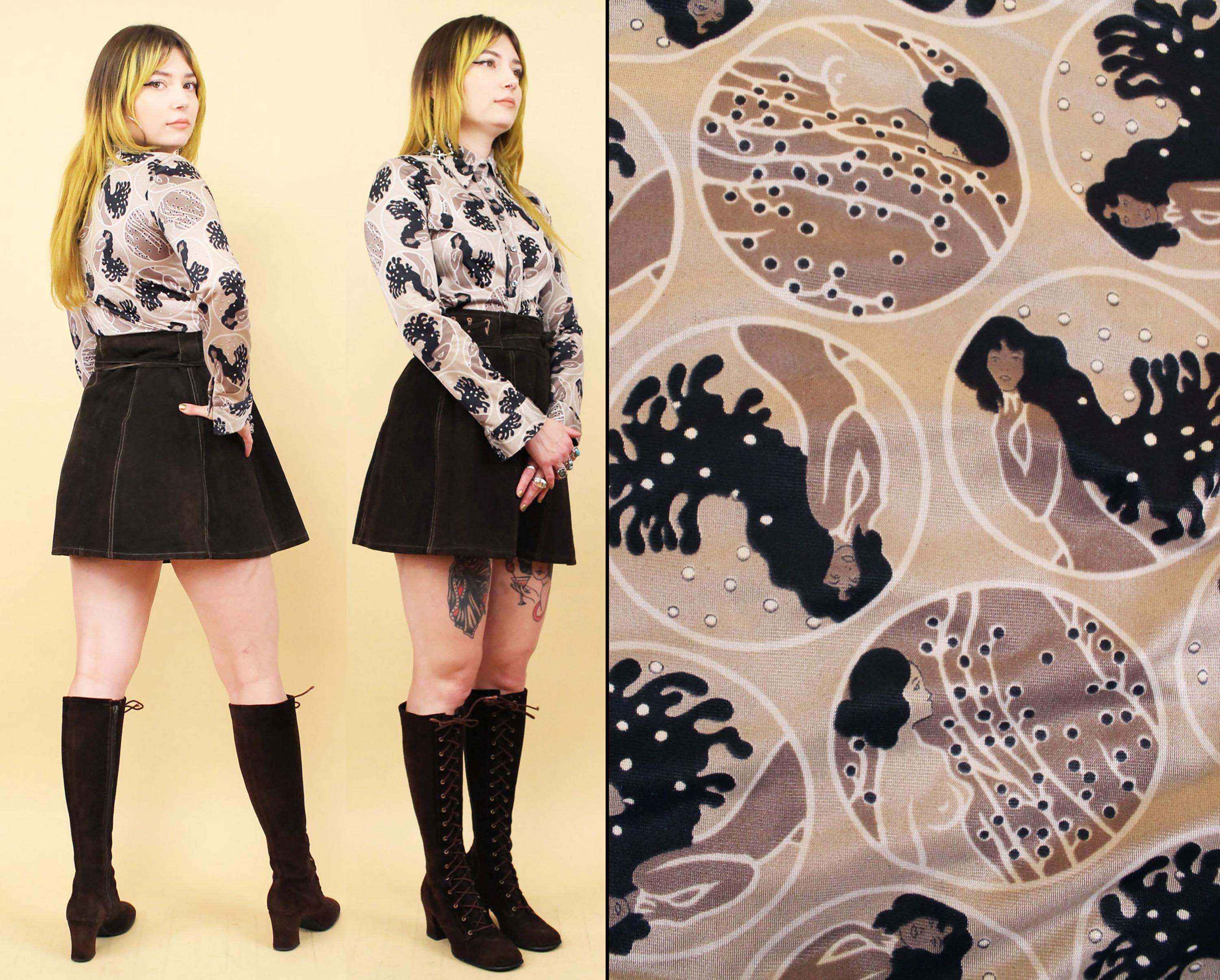 70s Vtg Art Nouveau Naked Lady Print Pointy Collared Button up