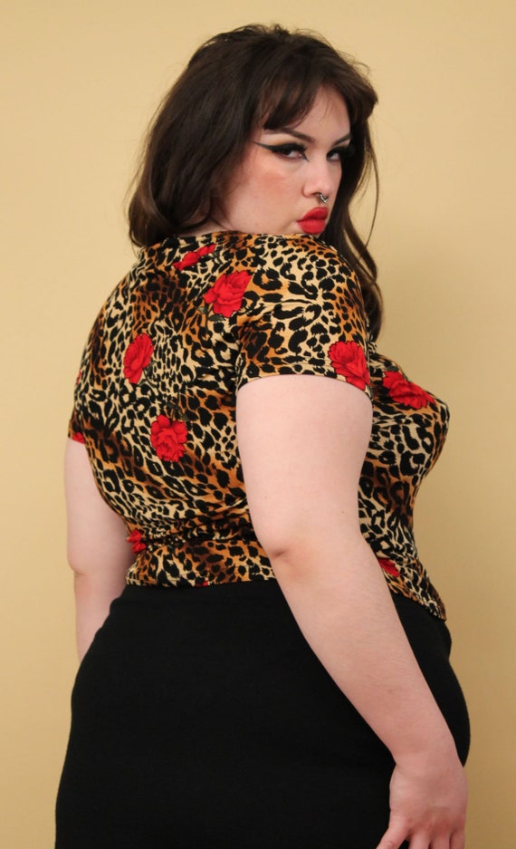 90s Y2K Vtg Stretchy Leopard Print Red Rose Print… - image 6