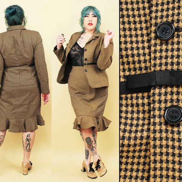 90s Y2K Vtg Herringbone Plus Size 2pc Suit Skirt & Blazer Jacket Bow Button Up Ruffle Hem Women's tag 16 1X