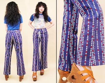 60s 70s Vtg Star Print Cotton Corset Front Flare Pants Not Bell Bottom Jeans Hippie Glam Moto Rocker Xs W24" H32-34" Rise 10" *As-Is*