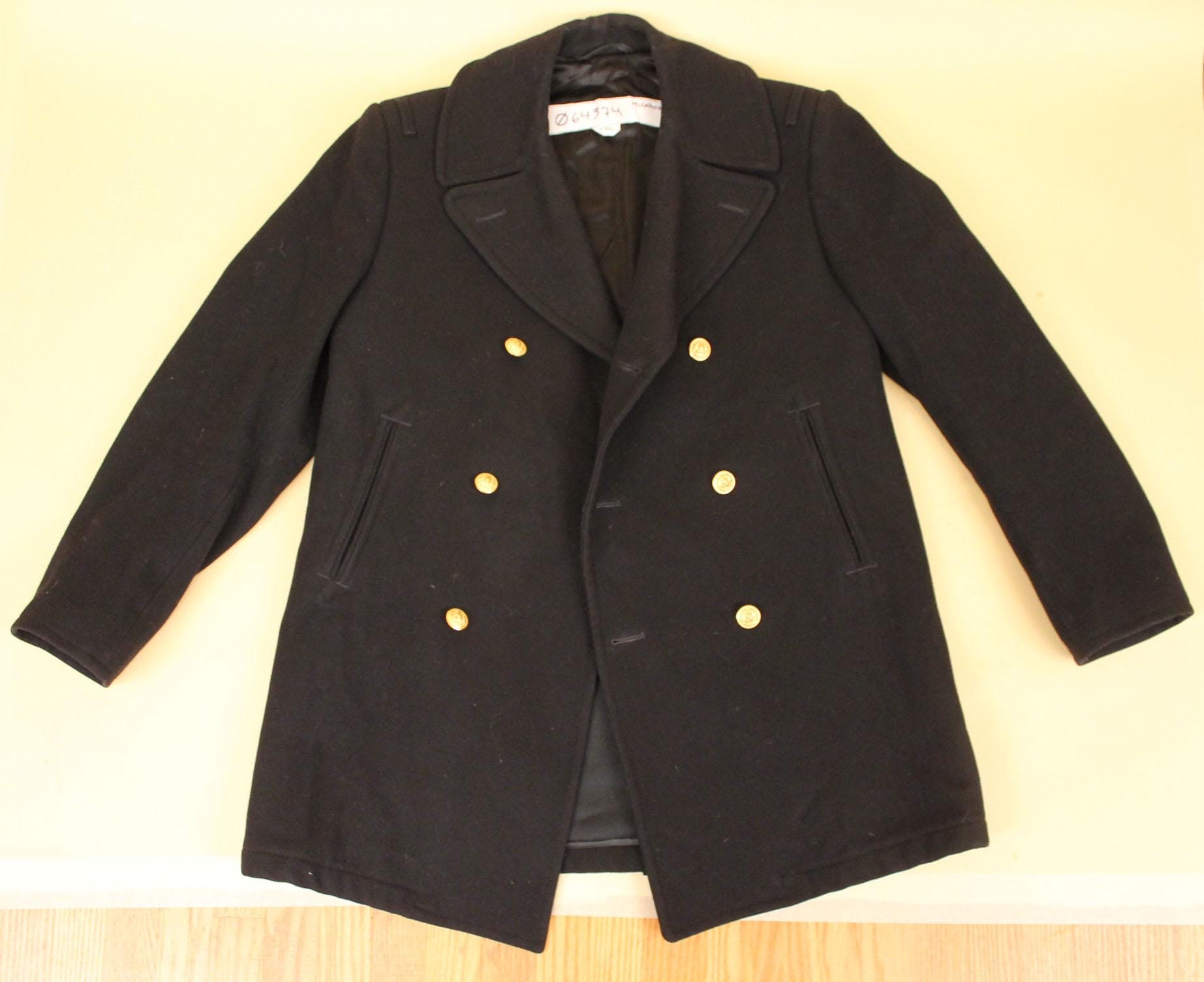 60s Vtg Black Wool Pea Coat Gold Anchor Military Button Sailor