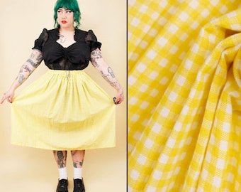 70s 80s Vtg Yellow Gingham Cotton Skirt Midi Length Elastic Waist Volup Plus Size fits M-XL W26-36" H52" L30"