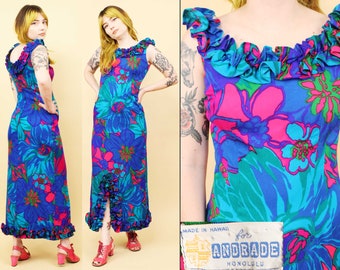 60s Vtg Hawaiian Floral Op Art Barkcloth Maxi Dress Sleeveless Neon Dayglo Blue Pink Women's Xs-Sm B32-34" W26" H36" L50"