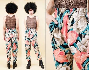 Pantaloni vintage anni '80 Carole Little in rayon con stampa floreale tropicale hawaiana, stile anni '40, vita alta, vestibilità ampia, taglia donna 10 M-L, larghezza 28-34", fianchi 42", lunghezza 40".