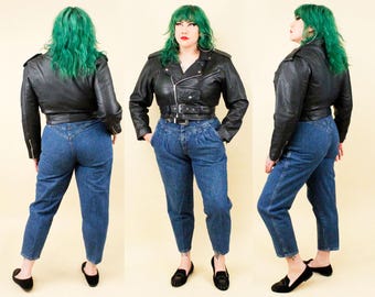 80s Vtg CHIC Dark Wash 100% Cotton Denim High Waist Jeans Taper Leg Mom Women's tag 18 fits modern L/XL W33" H44" Inseam 25.5"