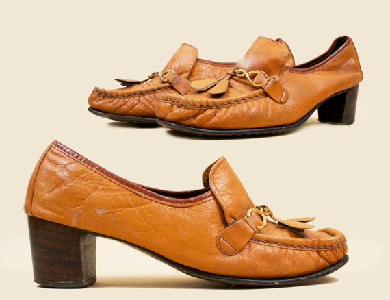 60s 70s Vtg Camel Brown Leather Moccasin Slip On L