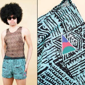 80s Vtg Blue & Black Summer Beach Swim Shorts Drawstring Waist 100% Cotton Booty Ken Doll Funky Abstract Pattern tag M W24-30" H40" L12"