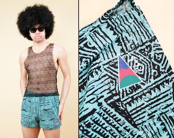 80s Vtg Blue & Black Summer Beach Swim Shorts Drawstring Waist 100% Cotton Booty Ken Doll Funky Abstract Pattern tag M W24-30" H40" L12"