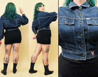 80s Vtg GUESS Jeans Marciano Dark Denim Cropped Batwing Algodão Jaqueta Casaco Feminino tag M B44" W30-32" L18"