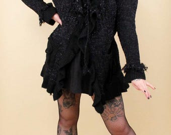 90s Y2K Black Shaggy Knit Cardigan Long Sleeve Sweater Jacket 