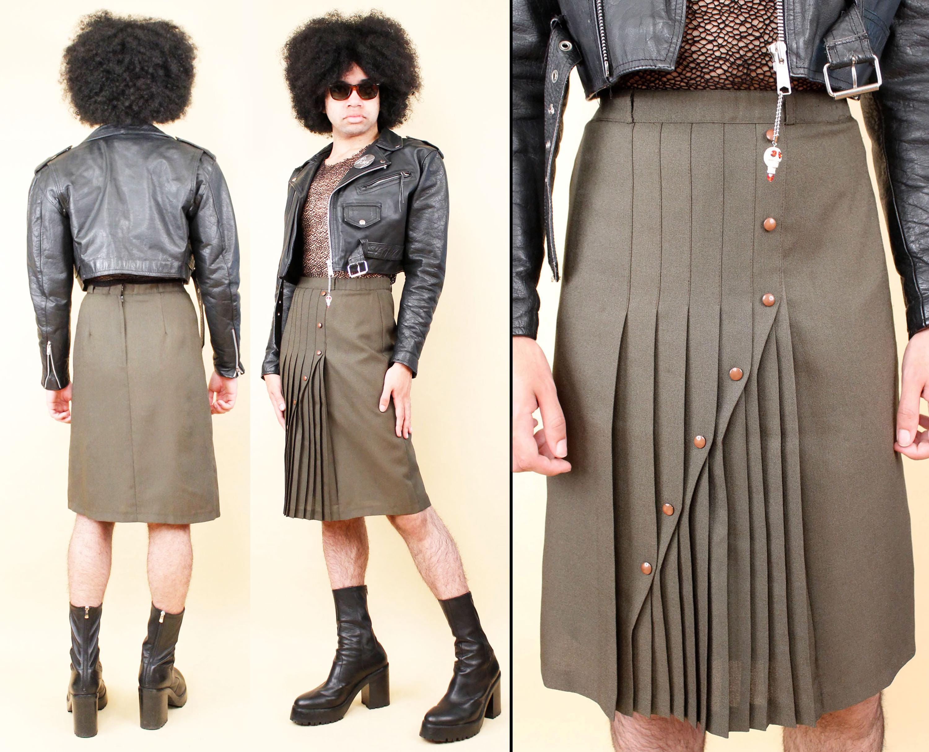 80s Vtg Army Green Pleat Midi Skirt High Waist Punk Minimalist