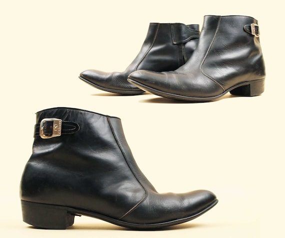 60s Vtg rare Black Leather Ankle Boot Zip Up Chel… - image 1