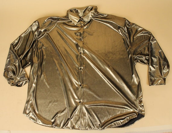 80s Vtg Gold Lamé Foiled Metallic Oversized Shirt… - image 8