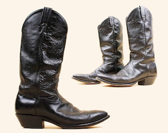 Botas vaqueras de cuero negro estilo western Tony Lama de los años 70 y 80, con punta puntiaguda, para montar a caballo, estilo motociclista punk metal, talla US 7, EU 37.5.