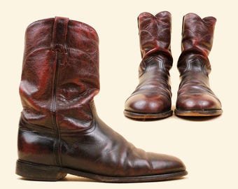 70s 80s Vtg Dan Post Oxblood Dark Red Leather Cowboy Boot Roper Western Pull On Biker Rocker Men's US 11 EU 44.5