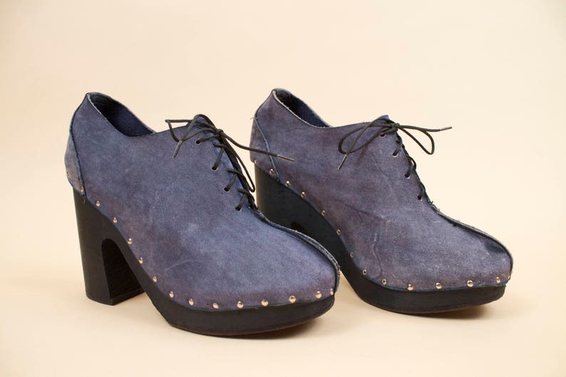 70s Vtg rare SBICCA Genuine Leather /'Blue Jean/' Look Wood Platform Ankle Boot Clog Chunky Rivet Stud Lace Up GLAM Rocker 6.5 7 Eu 37 37.5