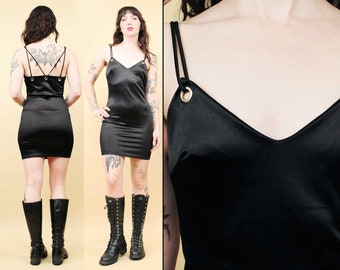 90s Vtg Black Thick Spandex Wet Look Grommet Mini Dress Strappy Punk Metal Goth Fetish Women's Small