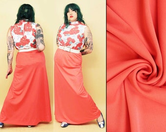 70s Vtg Salmon Pink Maxi Skirt Floor Length Vibrant Plus Size Women's tag 18 L-1X W28-40" H44-48" L43"