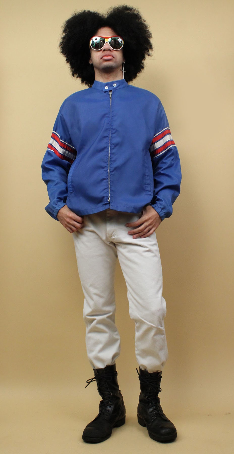 60s 70s Vtg Blue Nylon Stripe Mod Zip up Jacket Racer Sport