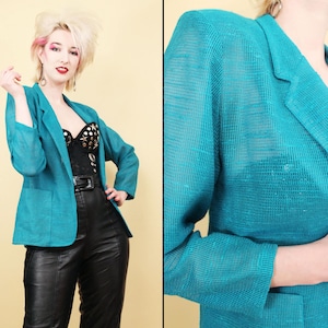 80s Vtg Teal Blue Burlap Sheer Netted Blazer Jacket Layering New Wave Women&#39;s Xs Sm B34&quot; W34&quot; H36&quot; L24&quot;