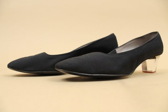 60s Vtg Black Textile & Leather Upper Clear Lucite High Heel Pumps Slip On Mod Women's US 8 EU 38.5 View 5