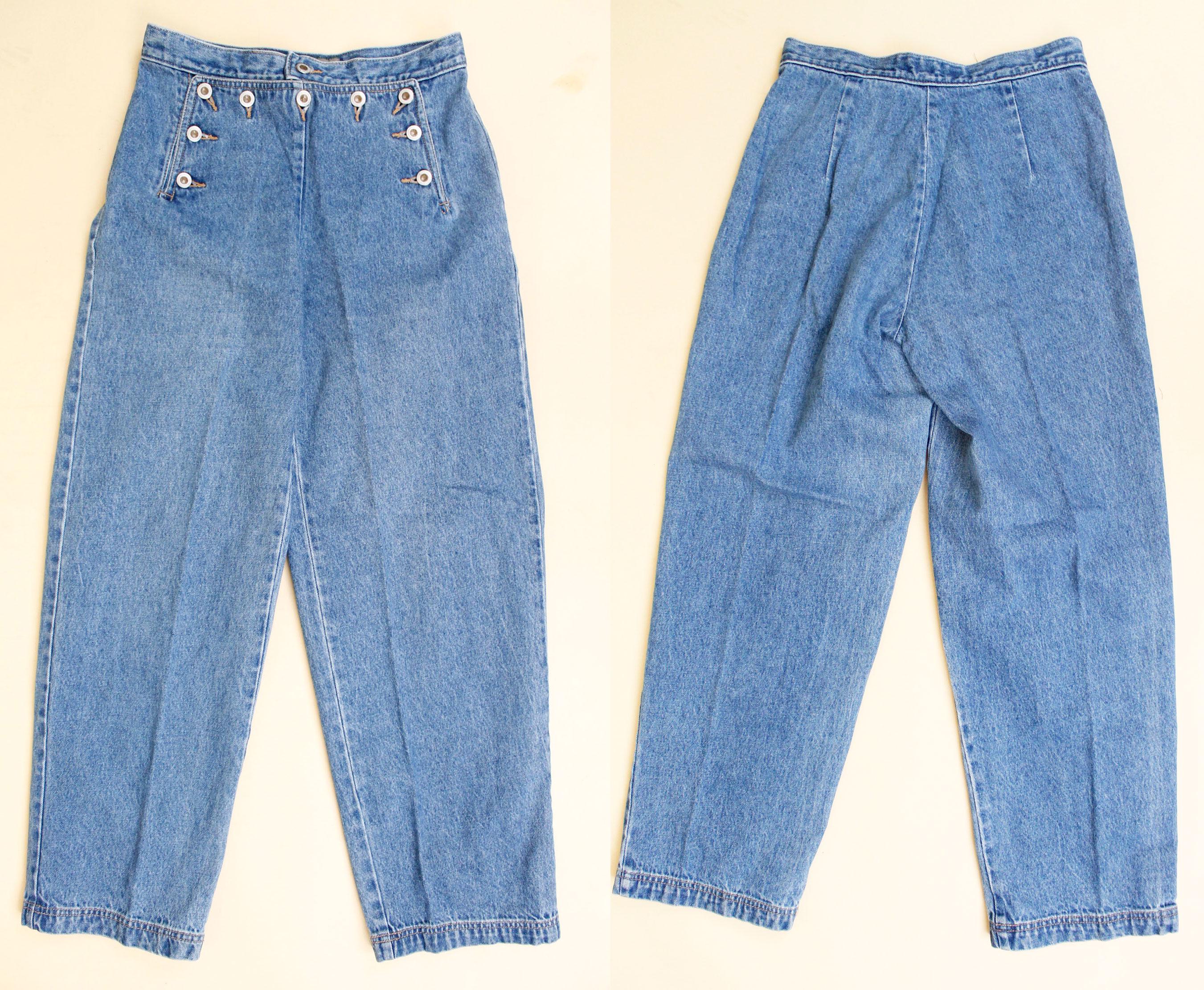 80s Early 90s Vtg Cotton Denim Sailor Button Blue Jeans Wide Leg