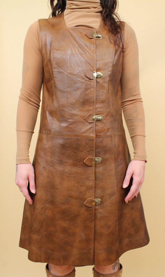 60s Vtg Brown Genuine Leather & Gold Lock Button … - image 8